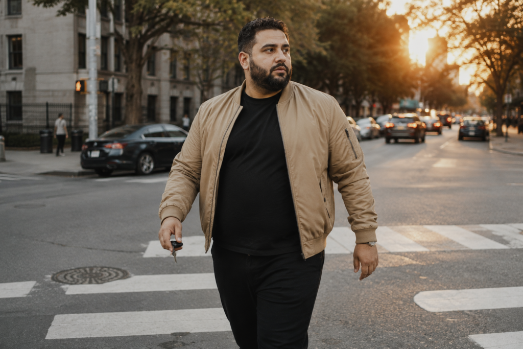 Tan Bomber Jacket With Black Trousers