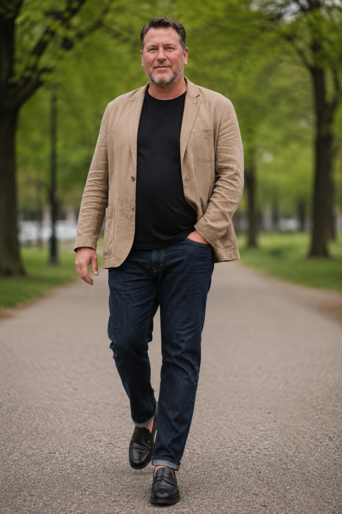 Tan Linen Blazer Over a Black Fitted Tee With Dark Jeans and Loafers