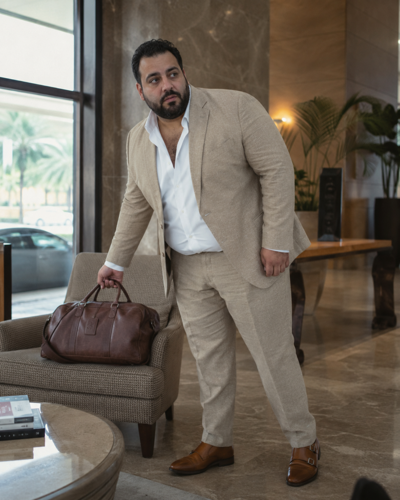 Tan Linen Suit Set With a White Dress Shirt, No Tie, and Cognac Monk Strap Shoes