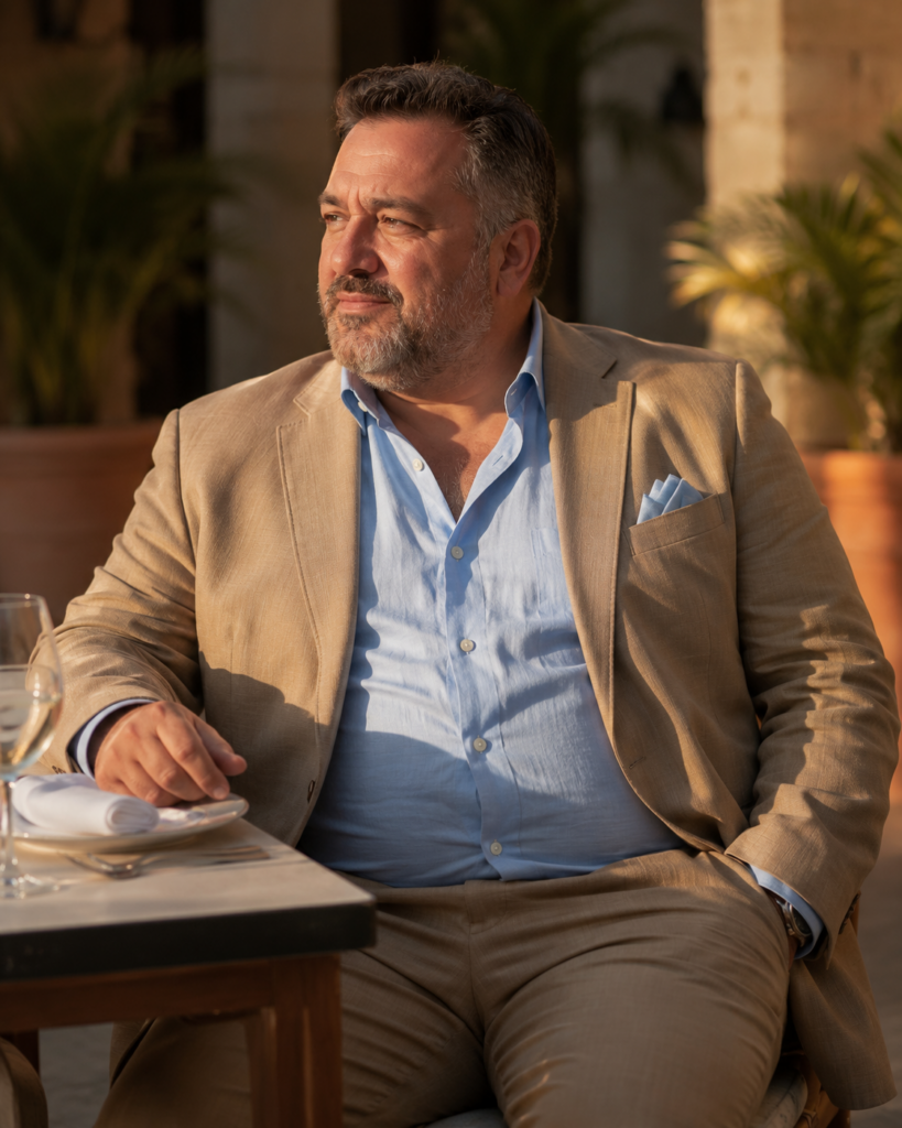 Tan Linen Suit With a Sky Blue Linen Shirt