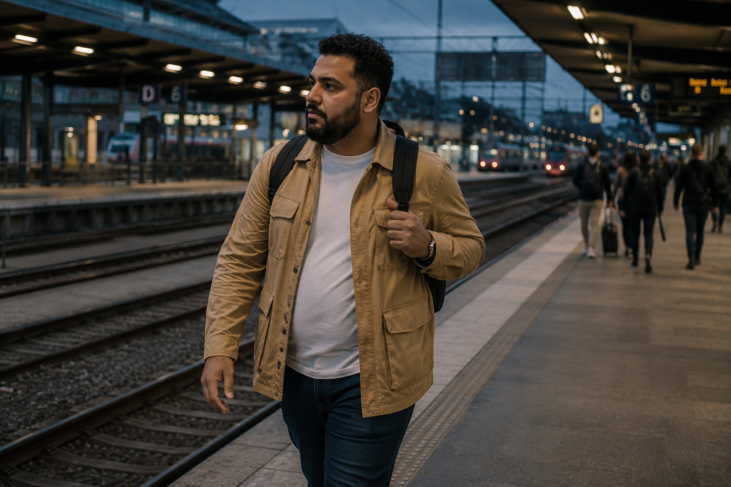 Tan Utility Jacket With Dark Blue Jeans