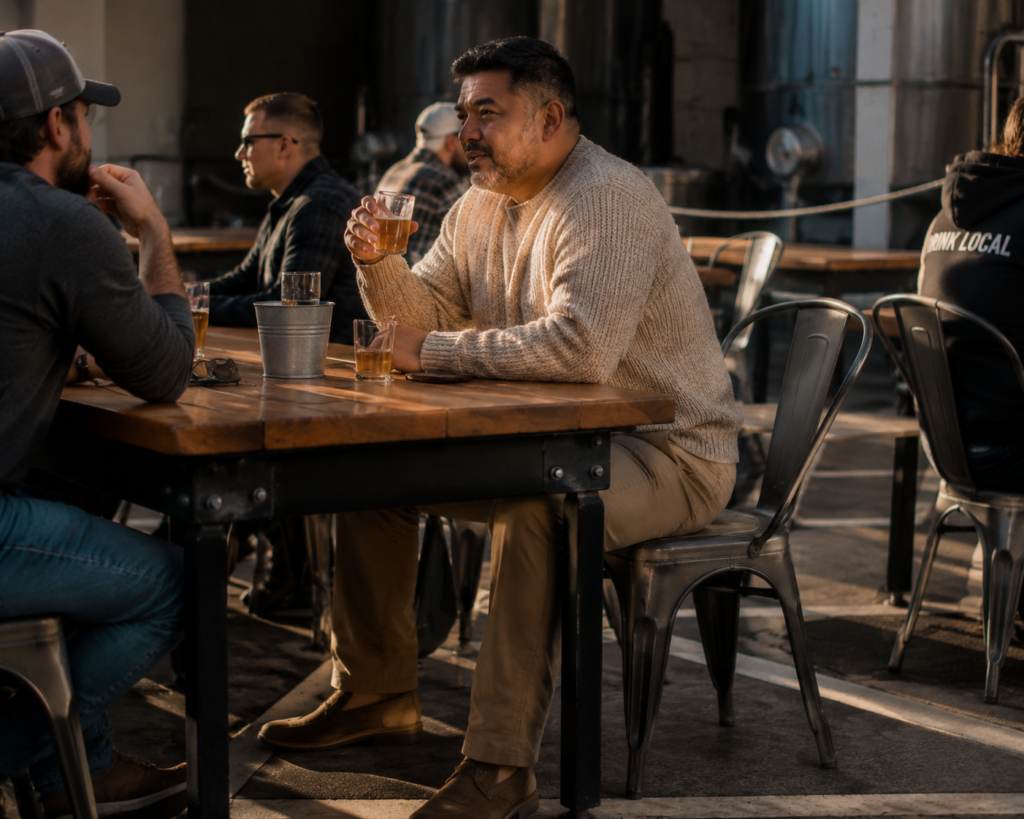 Textured Knit Sweater with Straight-Leg Chinos and Desert Boots