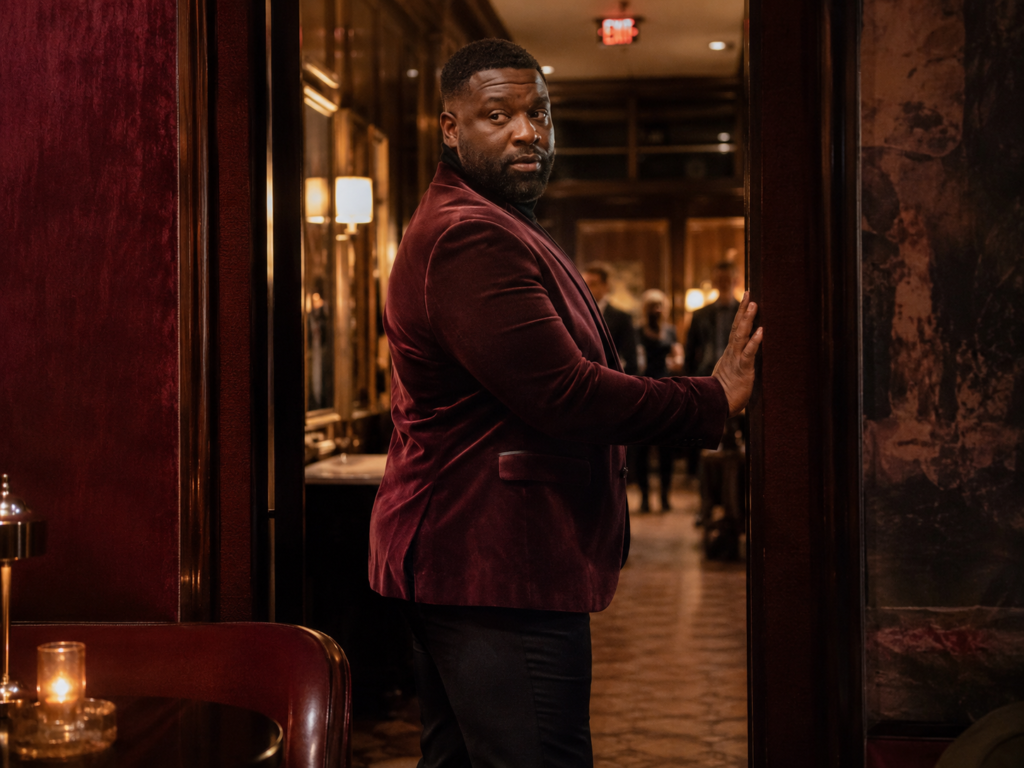 The Burgundy Velvet Blazer Over Black Slim Trousers and a Black Turtleneck