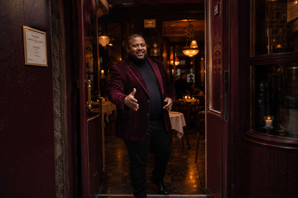 The Burgundy Velvet Blazer Over a Black Fitted Turtleneck and Black Slim Trousers