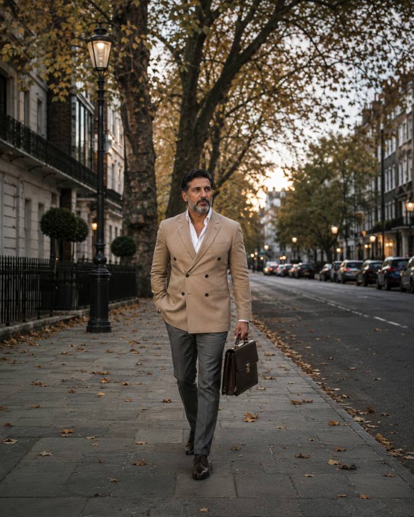 The Camel Double-Breasted Blazer Over a White Shirt and Grey Slim Trousers
