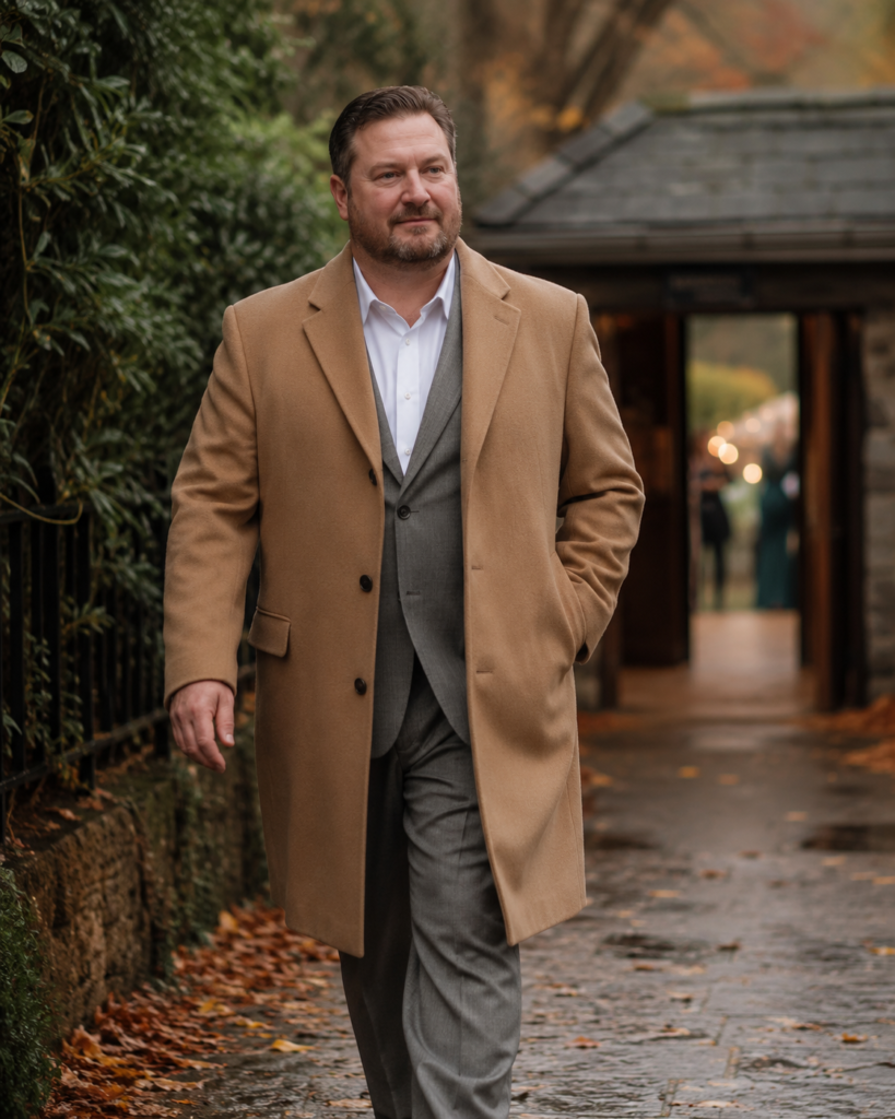 The Camel Overcoat Over a Grey Suit for an Autumn Wedding Arrival