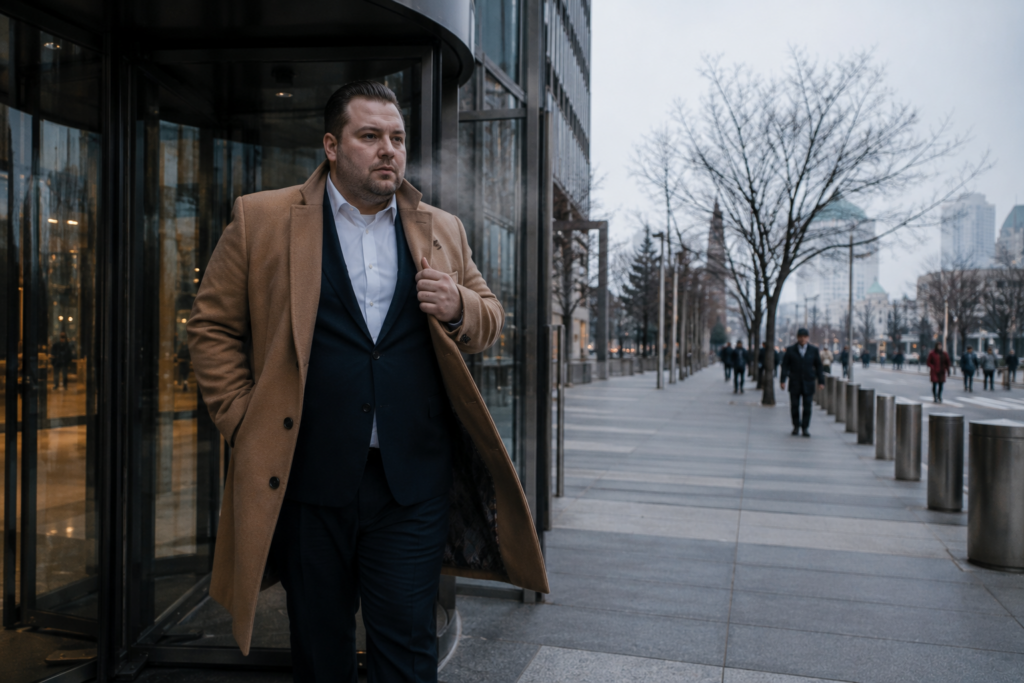 The Camel Overcoat Over a Navy Suit for Winter Interviews and Board Meetings