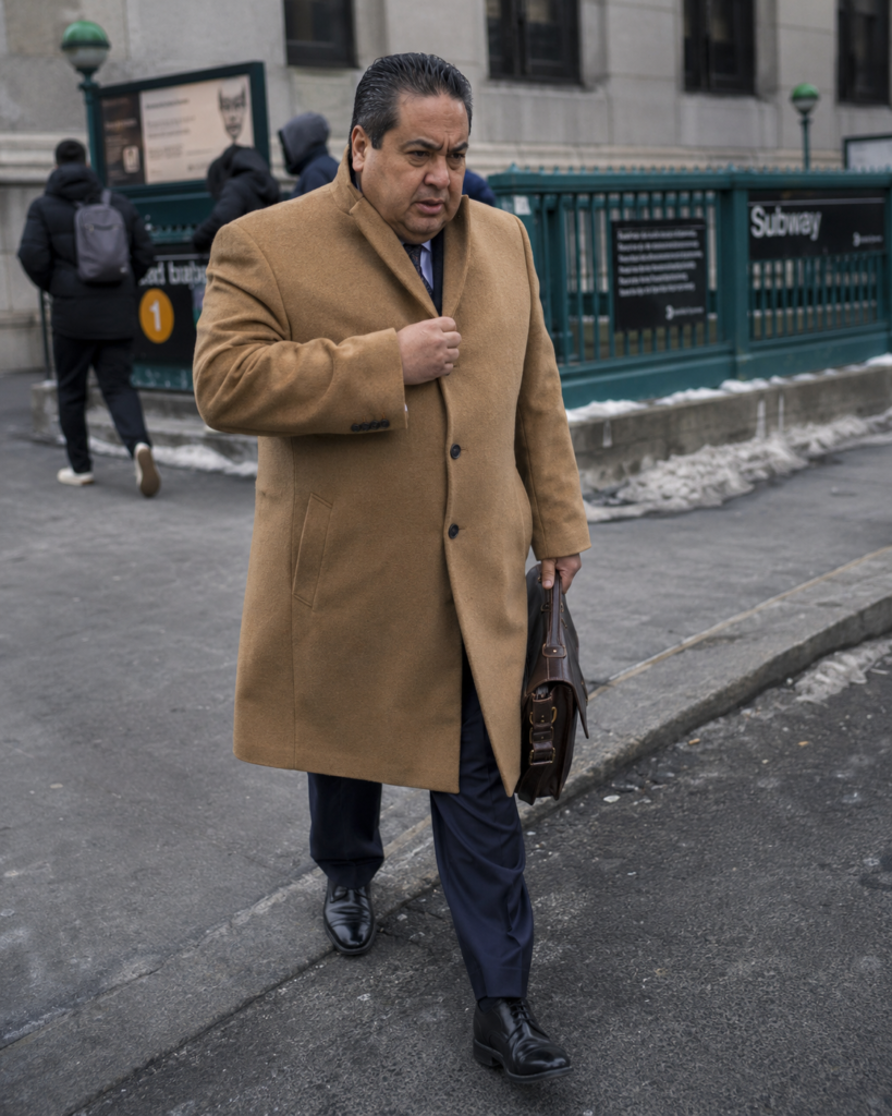 The Camel Wool Overcoat Over a Full Business Casual Outfit for an Outdoor Commute