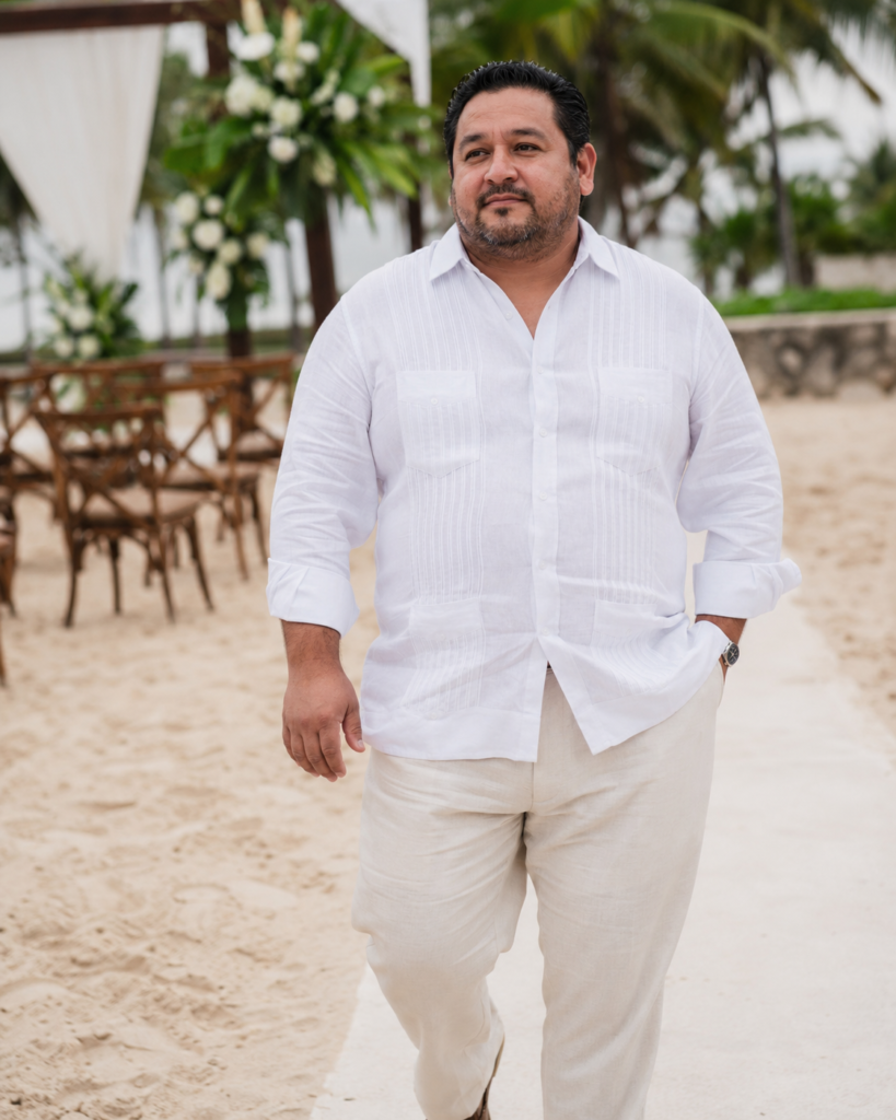 The Cream Linen Trousers and White Guayabera Shirt for a Beach or Destination Wedding