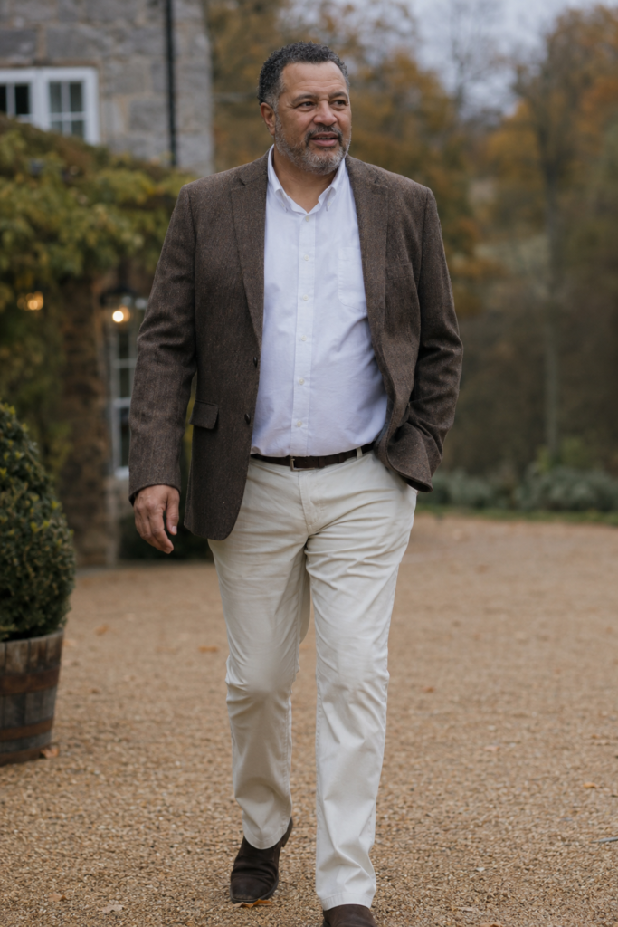 The Dark Brown Tweed Blazer With Cream Trousers and a White Oxford Shirt for an Autumn Country Wedding