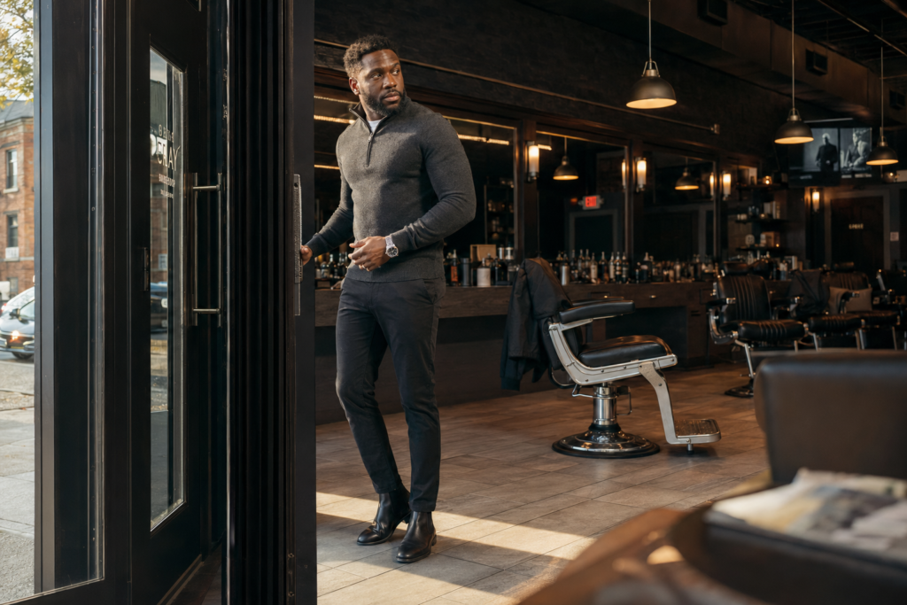The Dark Slim Chino Paired With a Structured Half-Zip Pullover