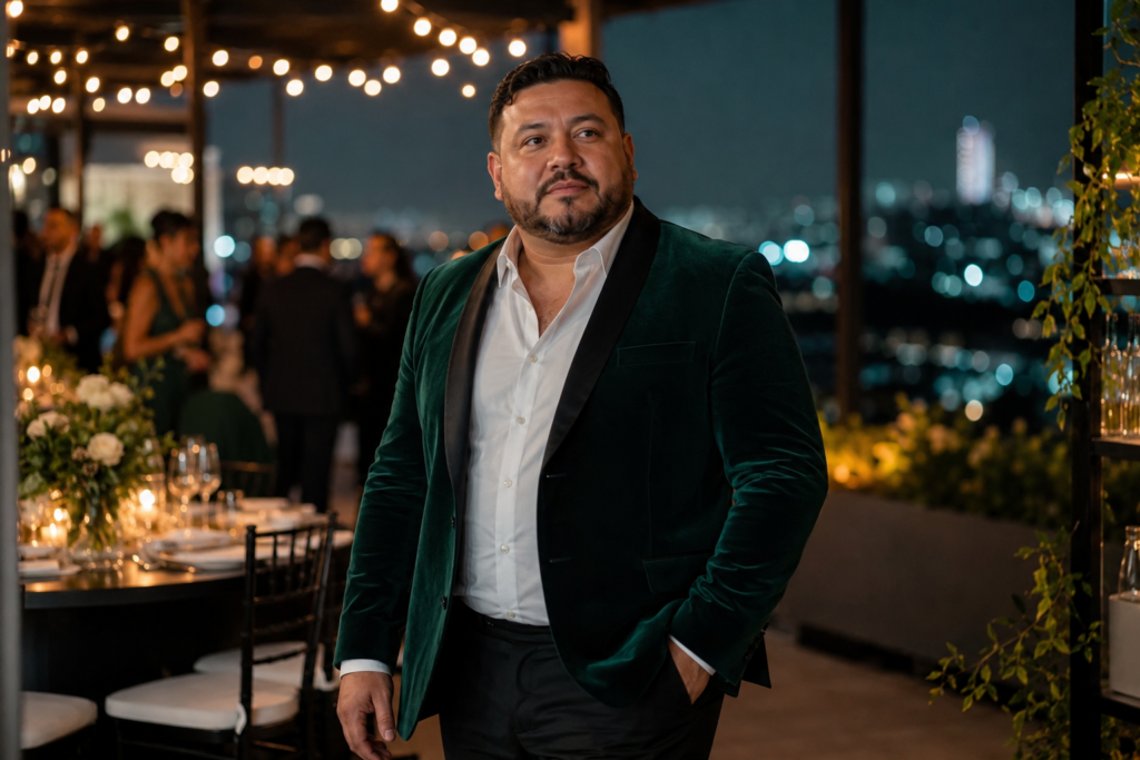 The Deep Green Velvet Blazer With Black Trousers and a White Shirt for Evening Smart Casual