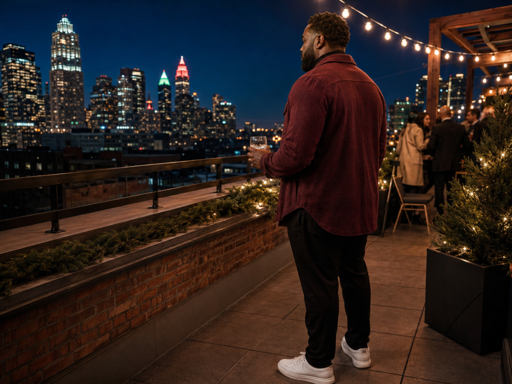 The Deep Red Textured Shirt Jacket Over All-Black With White Leather Sneakers