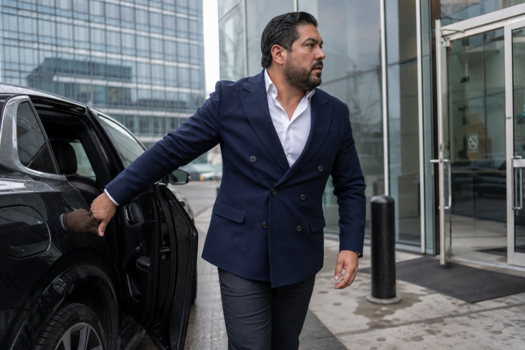 The Double-Breasted Blazer and Slim Charcoal Trouser for a Senior-Level Meeting
