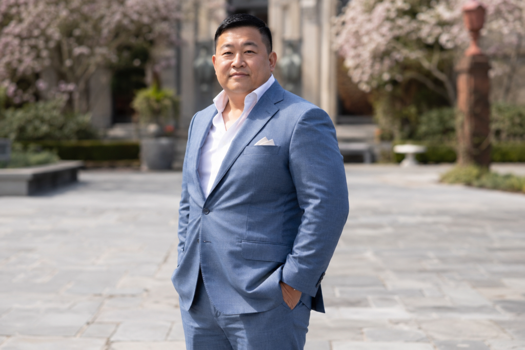  The Dusty Blue Slim Suit With a White Pocket Square for a Spring Wedding