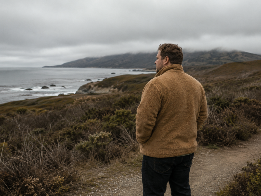 The Earth-Tone Sherpa Jacket Over Dark Straight Denim