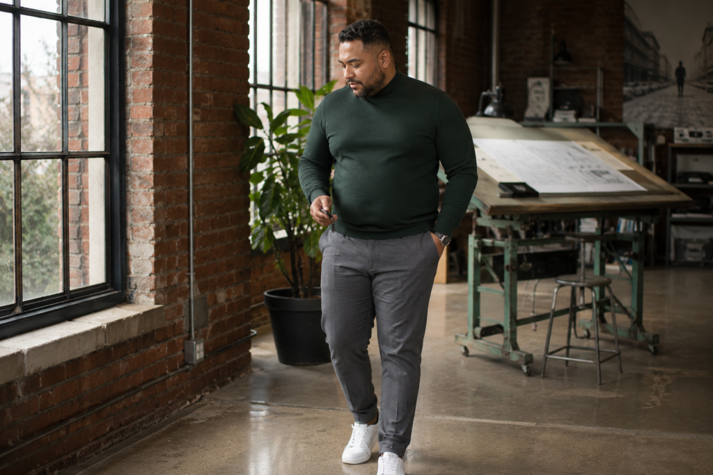 The Fitted Mock-Neck Sweater With Tailored Trousers for Creative Industry Meetings