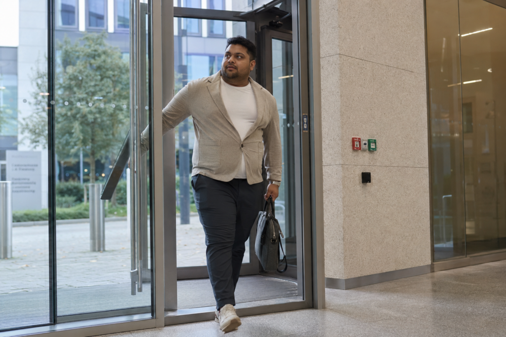 The Fitted Stone Overshirt Worn as a Blazer Over Dark Slim Trousers