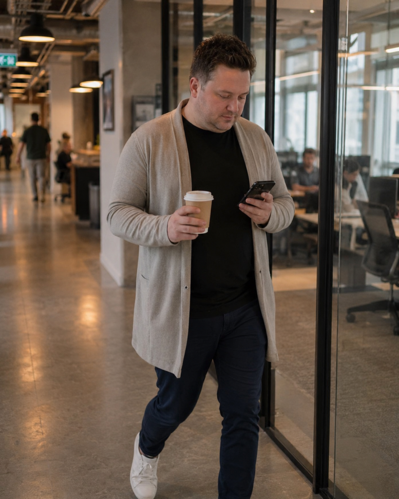 The Longline Cardigan Over a Fitted Black Tee and Slim Dark Trouser for a Media Office