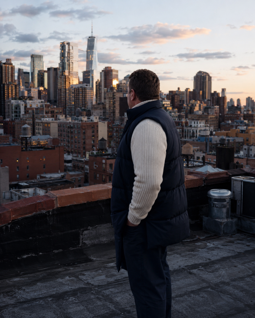 The Longline Puffer Vest Over a Heavyweight Rollneck