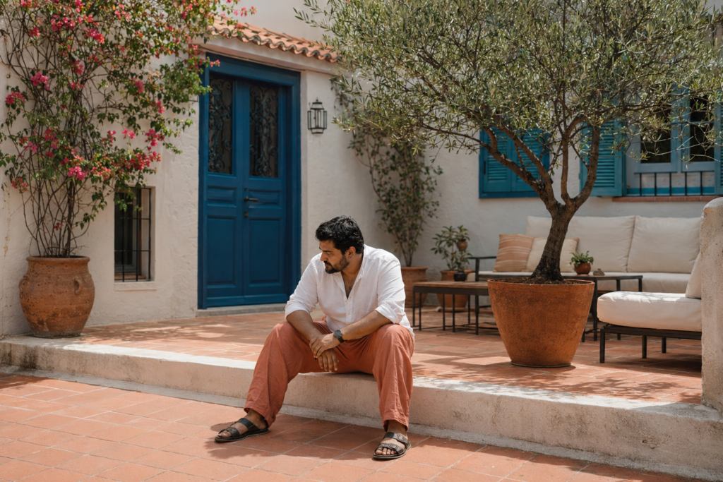 The Loose Linen Trouser in a Warm Tone Worn With a Fitted White Shirt