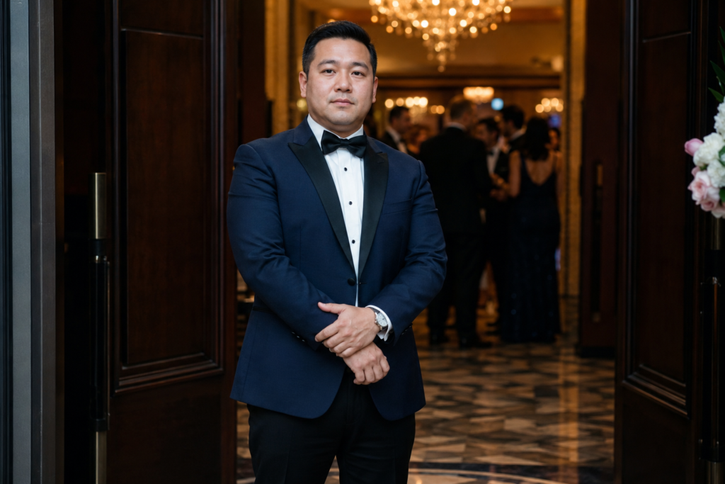 The Midnight Blue Tuxedo With a Black Bow Tie for a Black Tie Wedding
