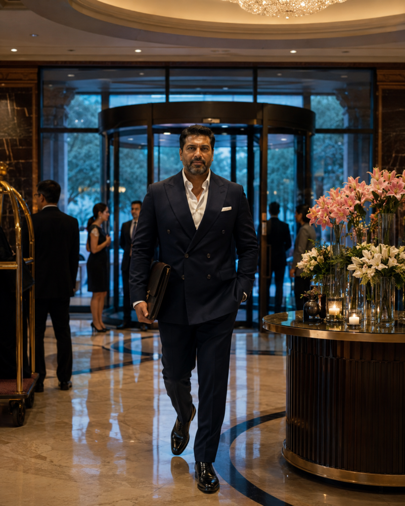 The Midnight Navy Double-Breasted Suit With a White Shirt Open at the Collar