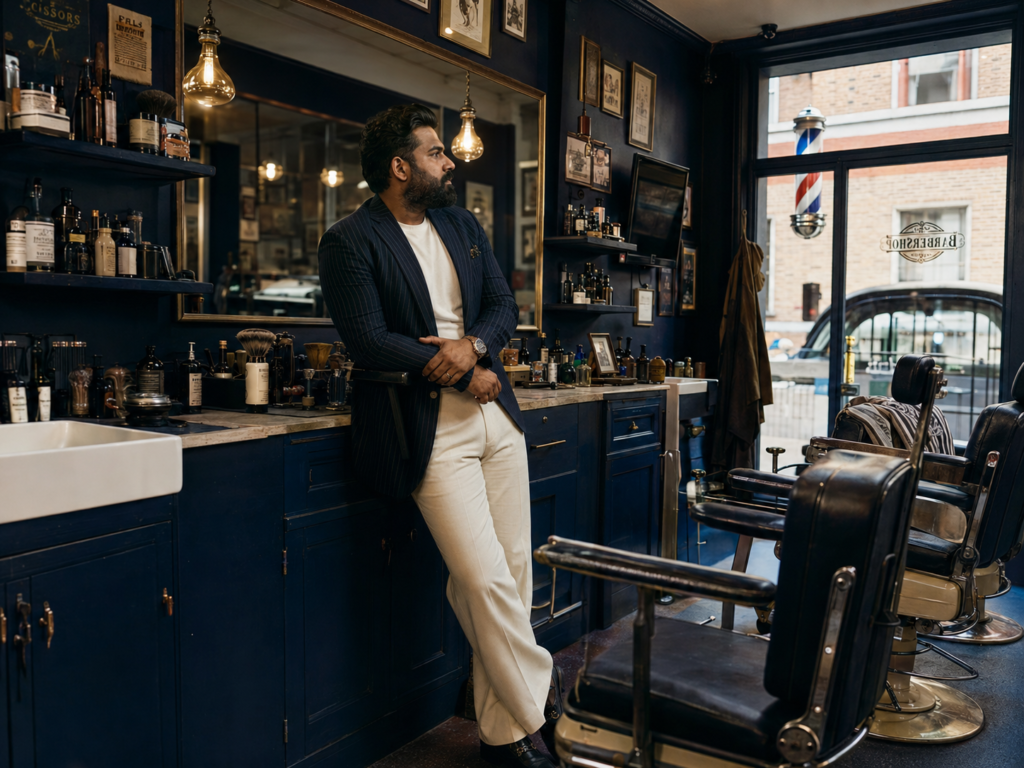 The Navy Pinstripe Blazer Over a White Fitted Tee and Cream Wide-Leg Trousers