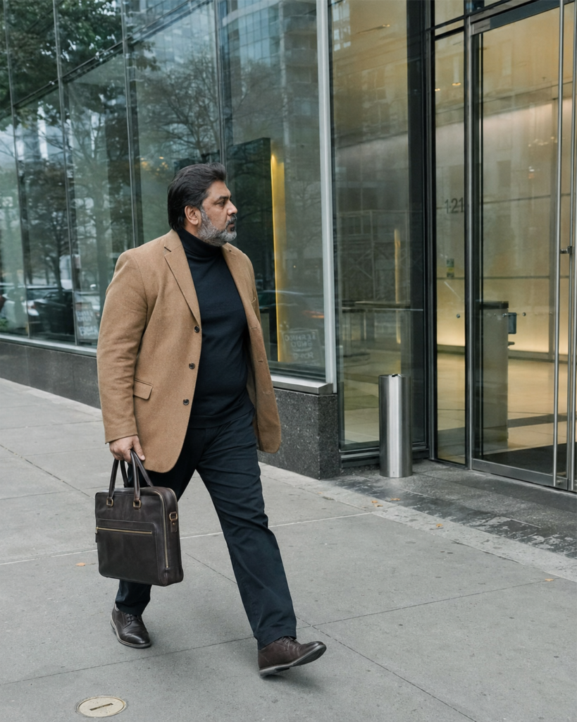 The Navy Rollneck and Camel Unstructured Blazer for a Client-Facing Role