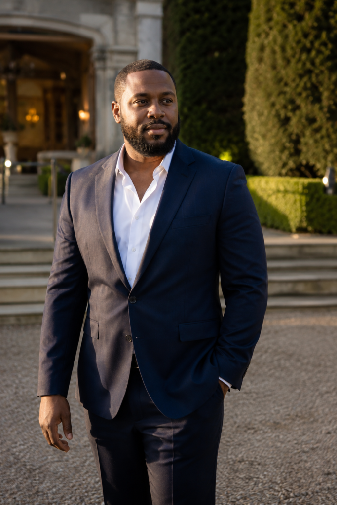 The Navy Slim Suit With an Open-Collar White Shirt for Cocktail Attire