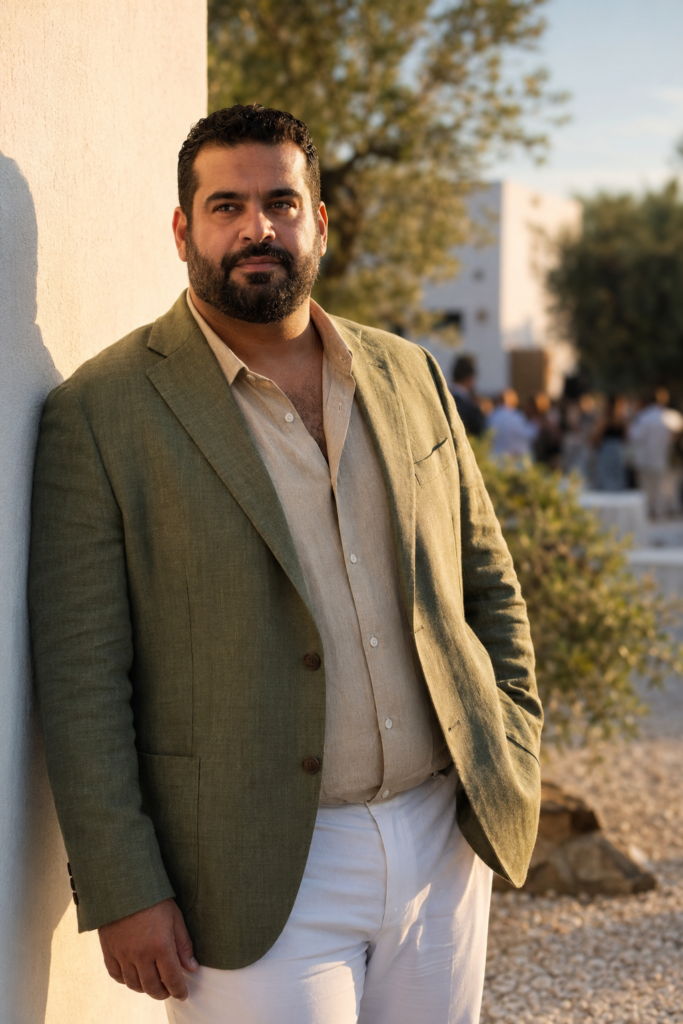 The Olive Linen Blazer With White Trousers and a Tan Shirt for Smart Casual