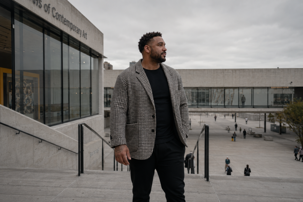 The Oversized Checked Blazer Over a Plain Black Fitted Tee and Slim Black Trousers