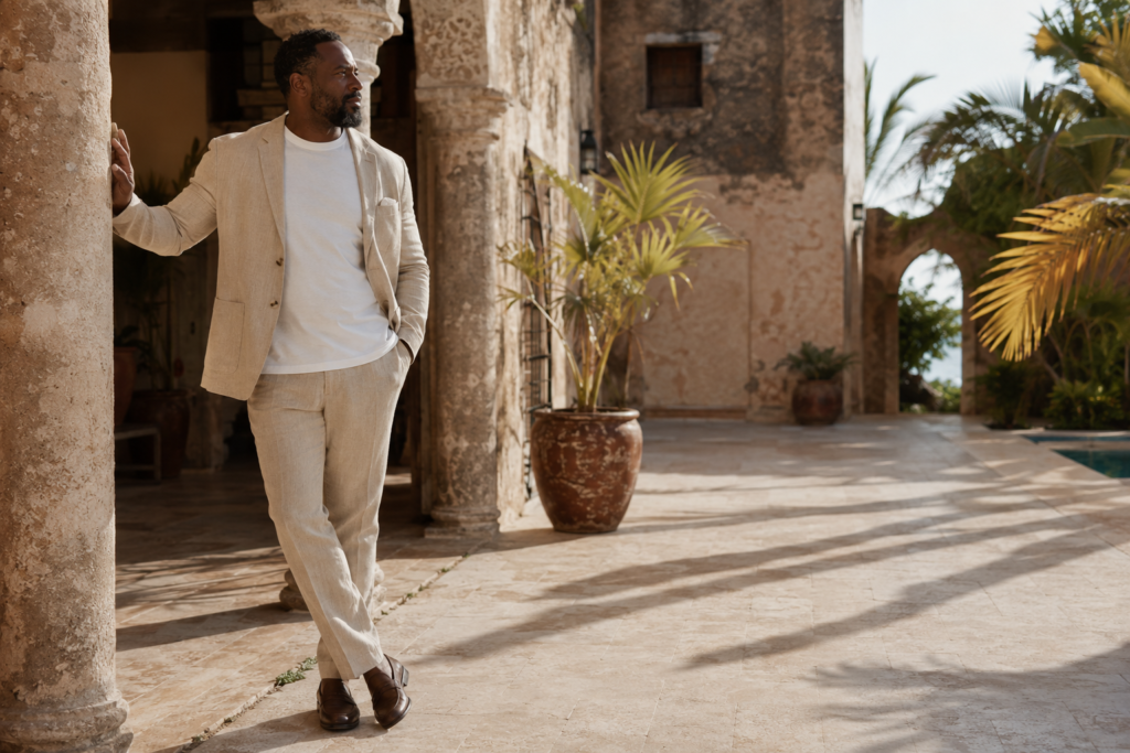 The Relaxed Linen Suit in an Off-White or Sand Tone