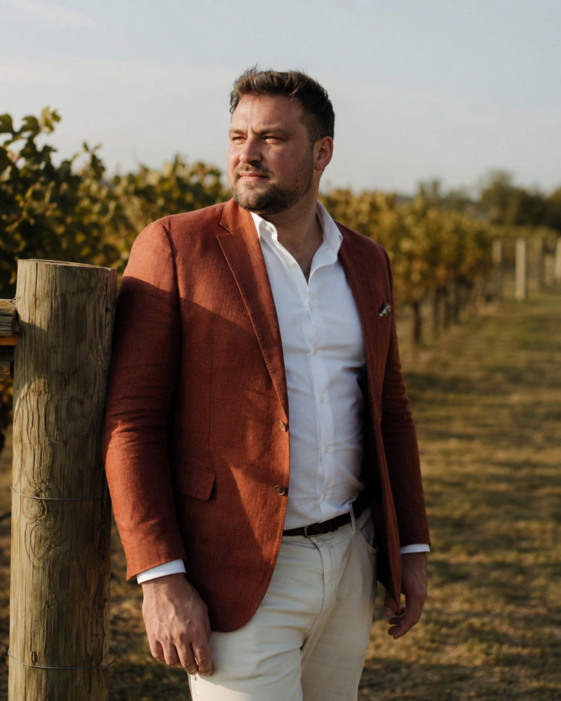 The Rust Linen Blazer With Cream Trousers and a White Shirt for a Vineyard Wedding