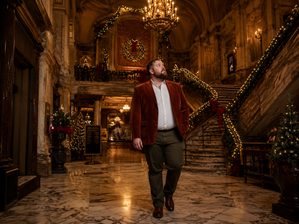 The Rust Velvet Blazer Over a White Fitted Shirt and Dark Olive Straight Trousers