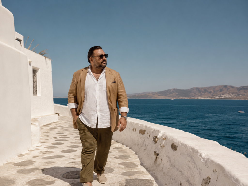 The Tan Blazer Over a White Linen Shirt and Olive Relaxed Trouser