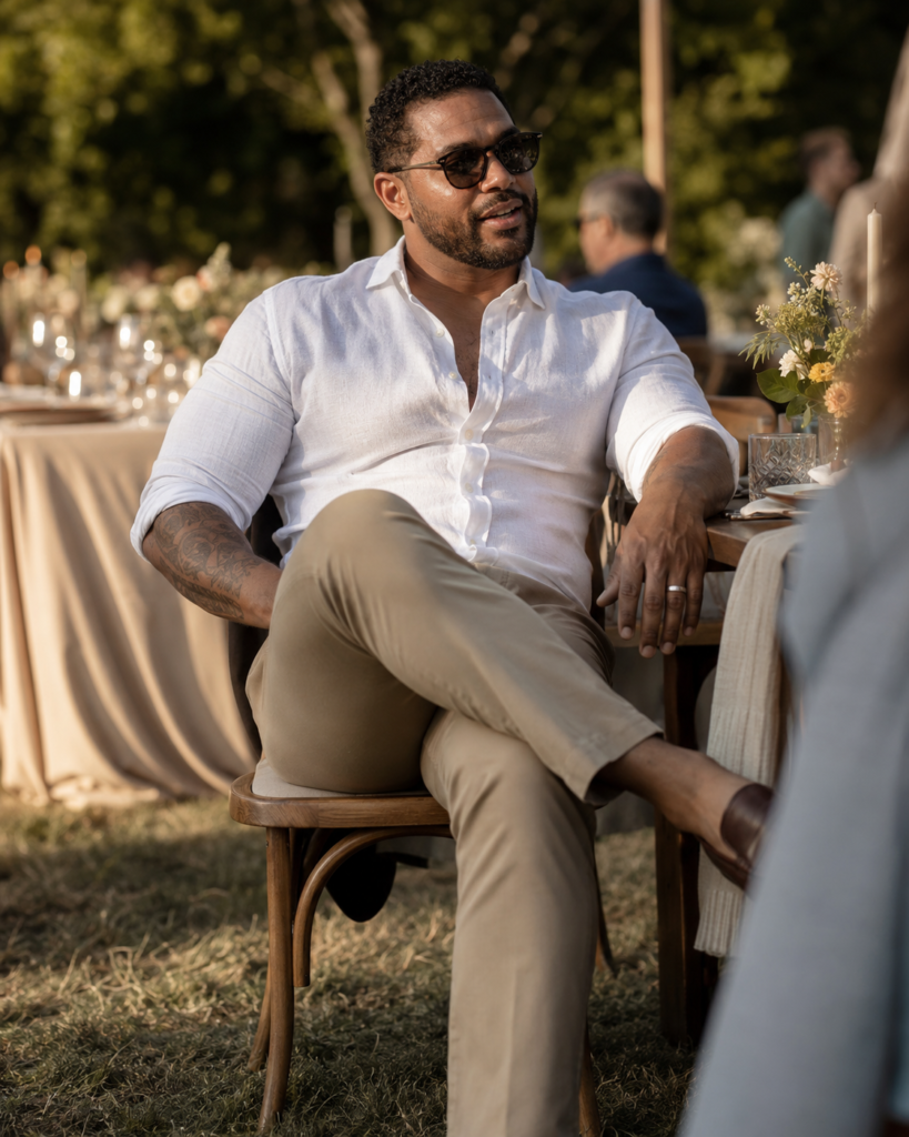 The Tan Slim Chinos With a White Linen Shirt and Brown Leather Loafers for Casual Dress Code