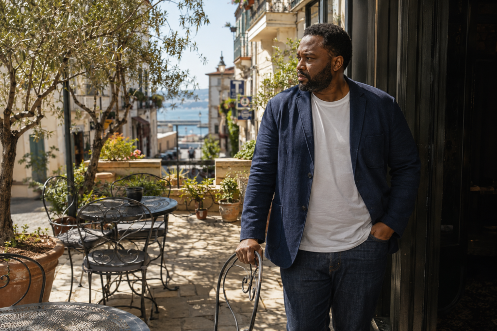 The Unstructured Navy Linen Blazer Over a White Tee and Dark Straight Jeans