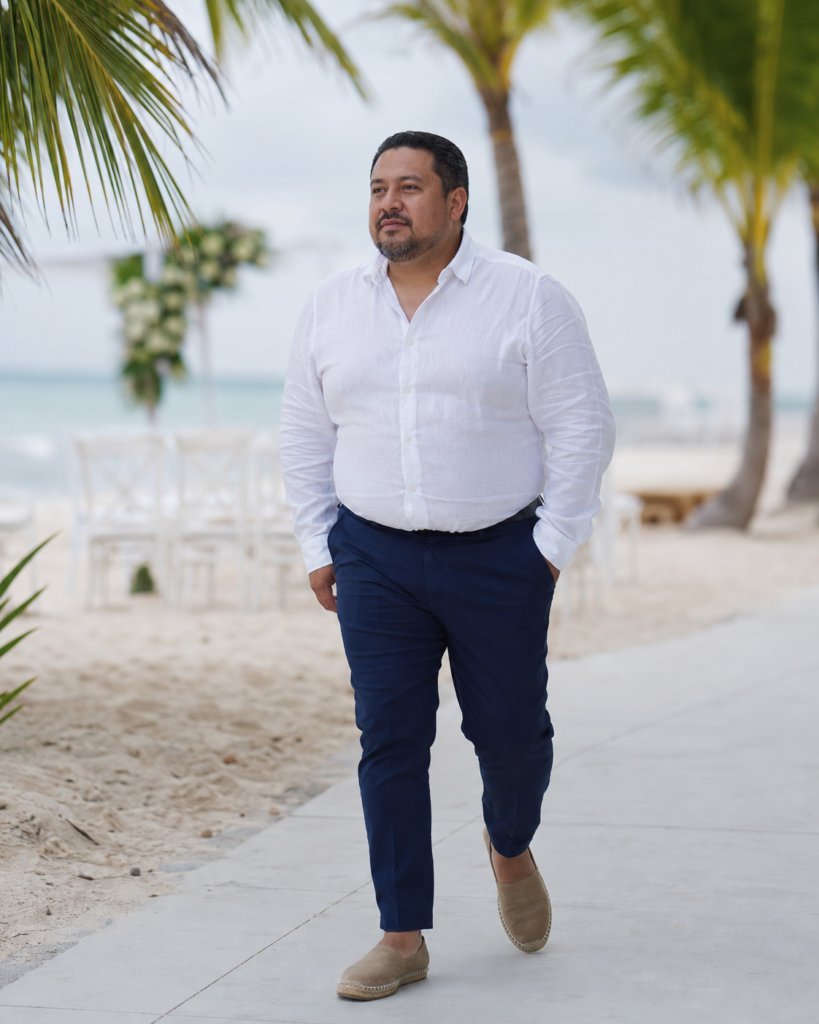 The White Linen Shirt and Navy Slim Trousers With Tan Espadrilles for a Coastal Wedding