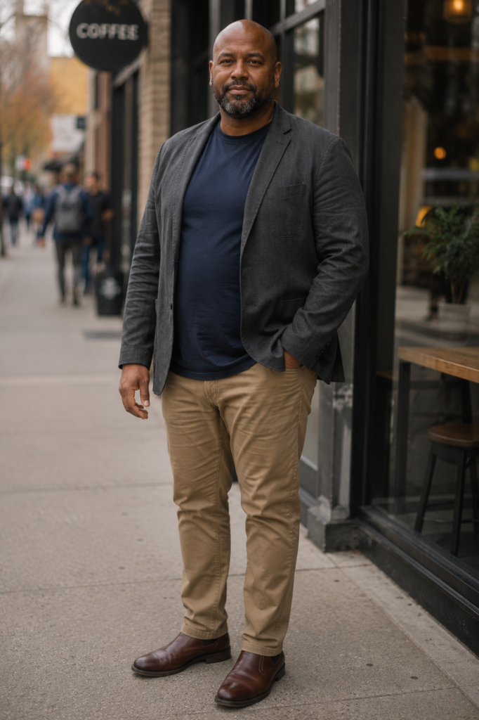 Unstructured Charcoal Blazer With a Navy Fitted Tee, Straight-Leg Khakis, and Brown Boots