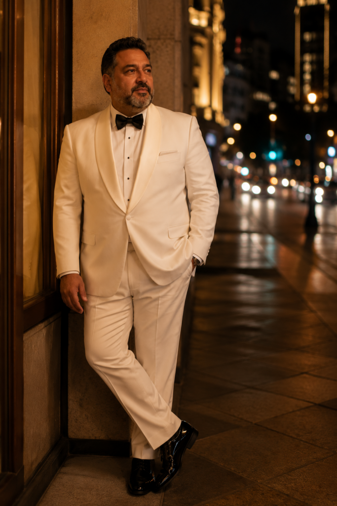  White Tuxedo Jacket With Ivory Trousers and a Black Bow Tie
