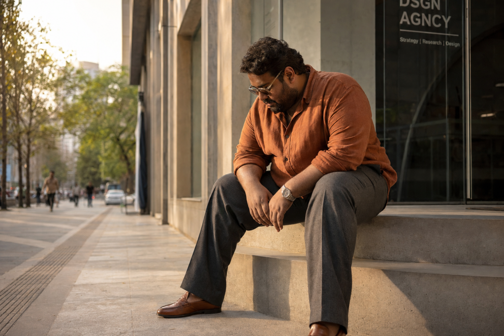 Wide-Leg Charcoal Trousers With an Oversized Rust Linen Shirt and Leather Loafers