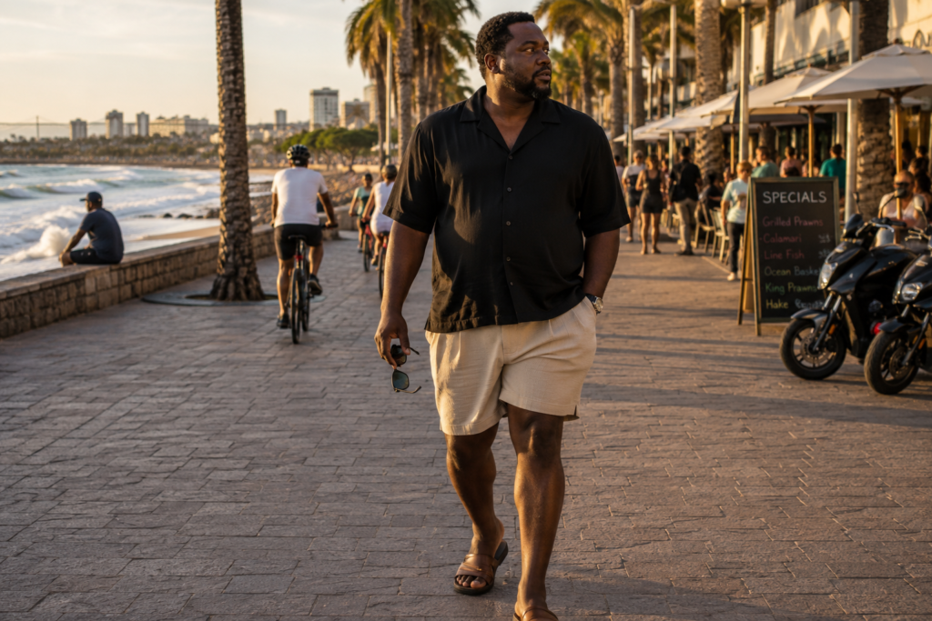 Black Camp Shirt With Sand Pleated Shorts