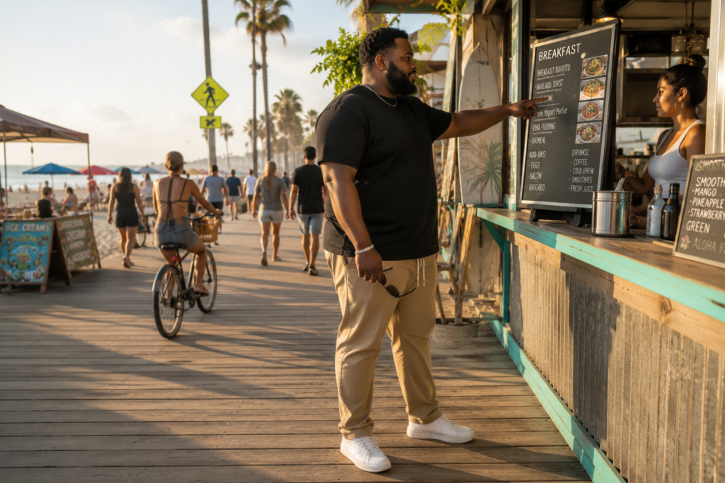 Black Relaxed Crewneck Tee With Khaki Drawstring Trousers