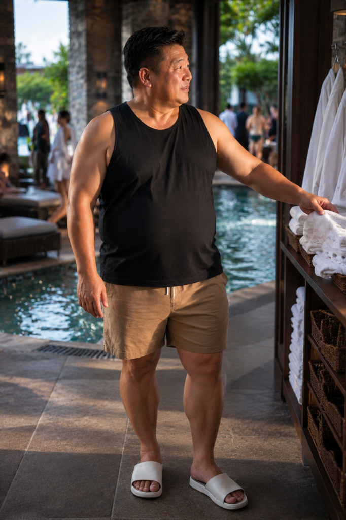 Black Wide-Strap Tank With Camel Swim Shorts