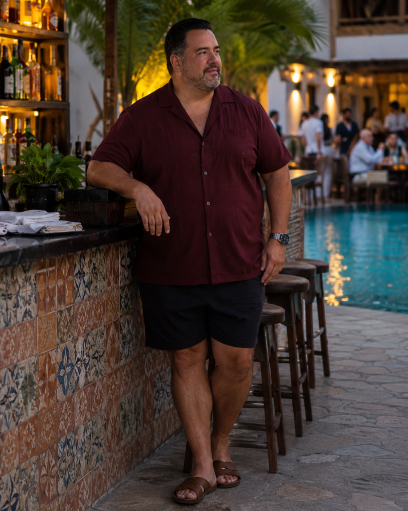 Burgundy Camp Shirt With Black Tailored Swim Shorts