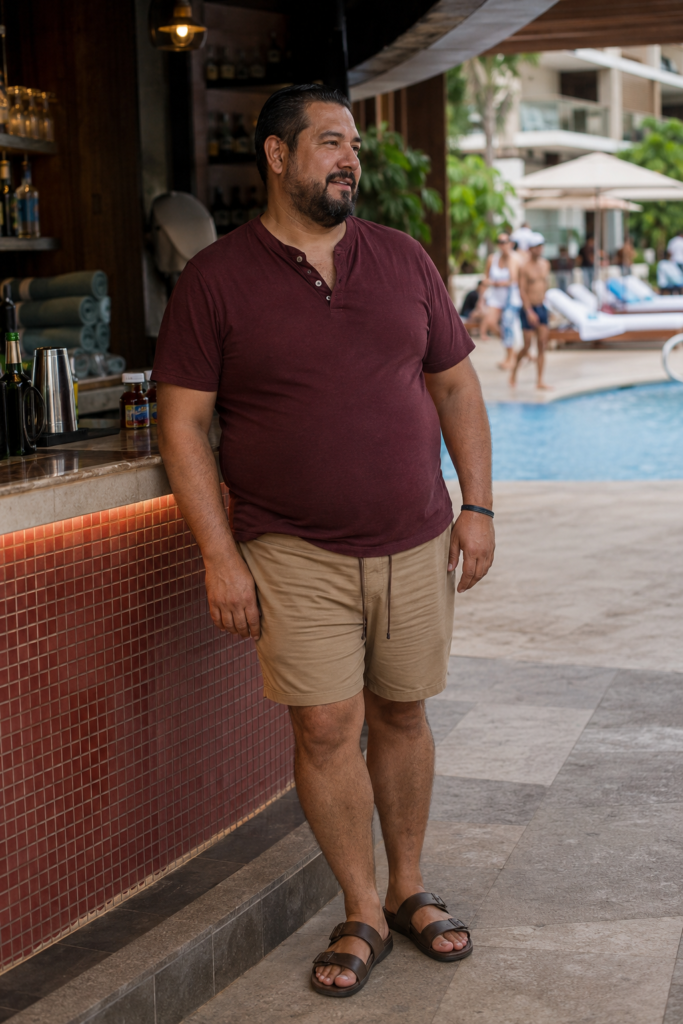 Burgundy Henley With Tan Above-Knee Swim Shorts
