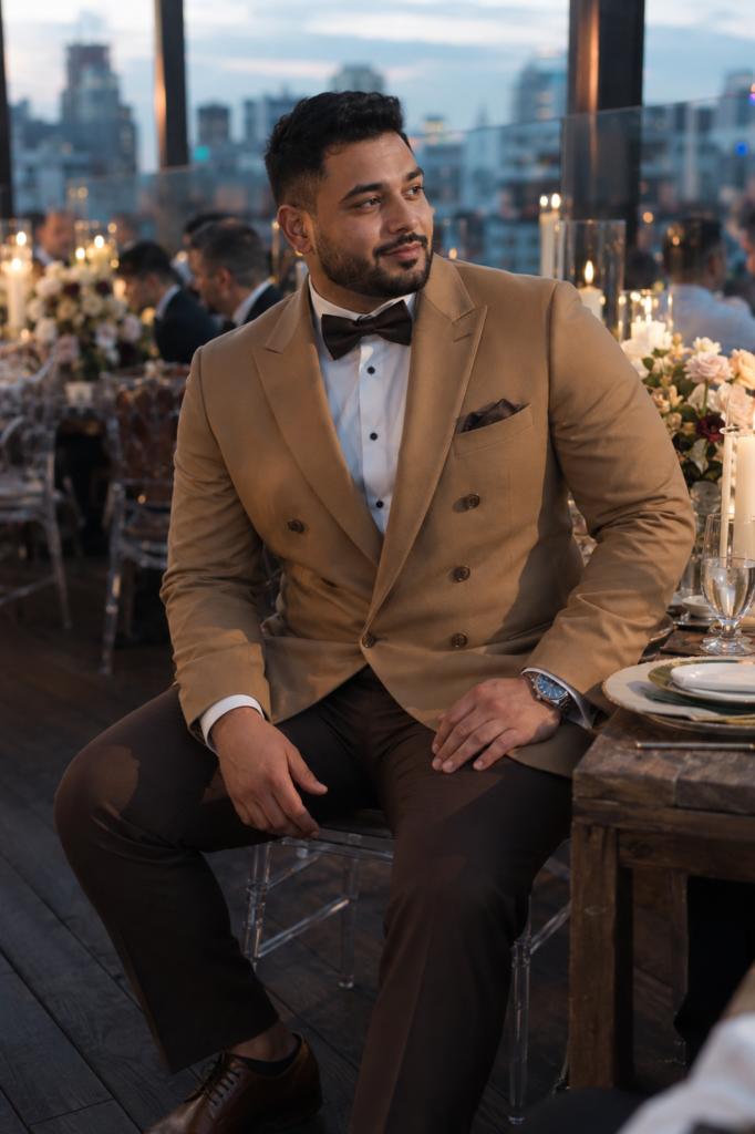 Camel Double-Breasted Tuxedo With Dark Trousers