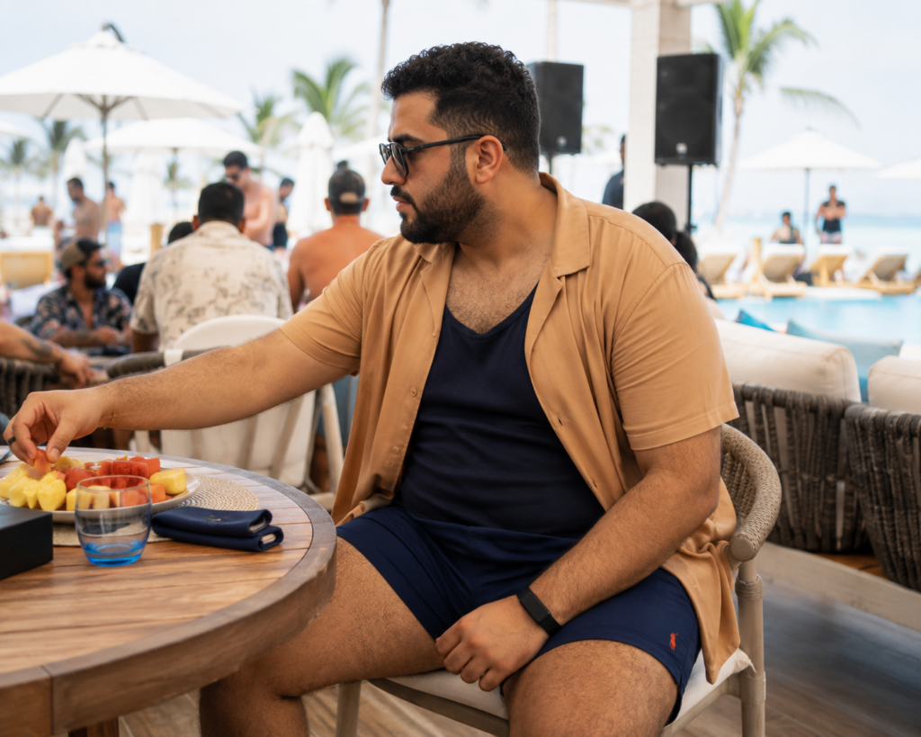 Camel Open Shirt With Navy Swim Trunks