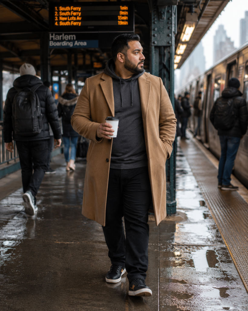 Camel Overcoat Layered Over a Dark Hoodie